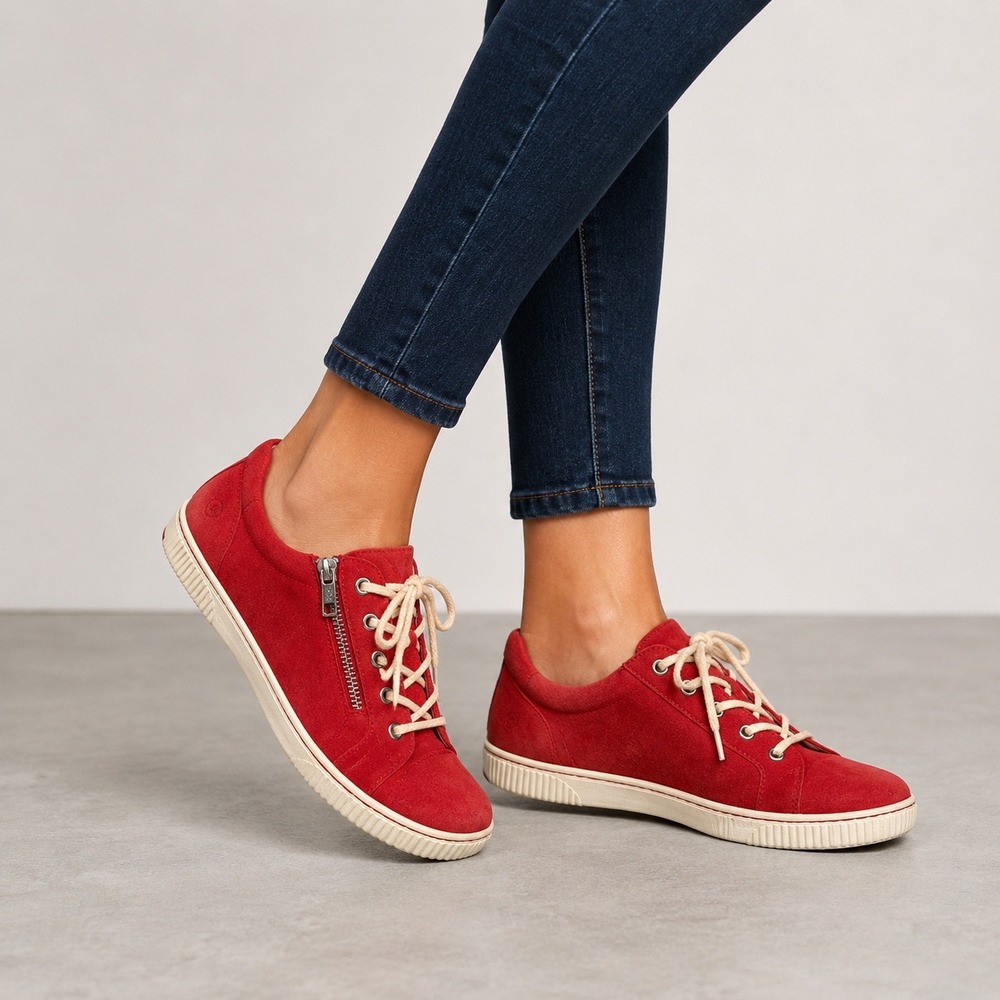 Born Tamara Womens 10M Chili Red Suede Comfort Sneakers Side Zip Lace Up Shoes